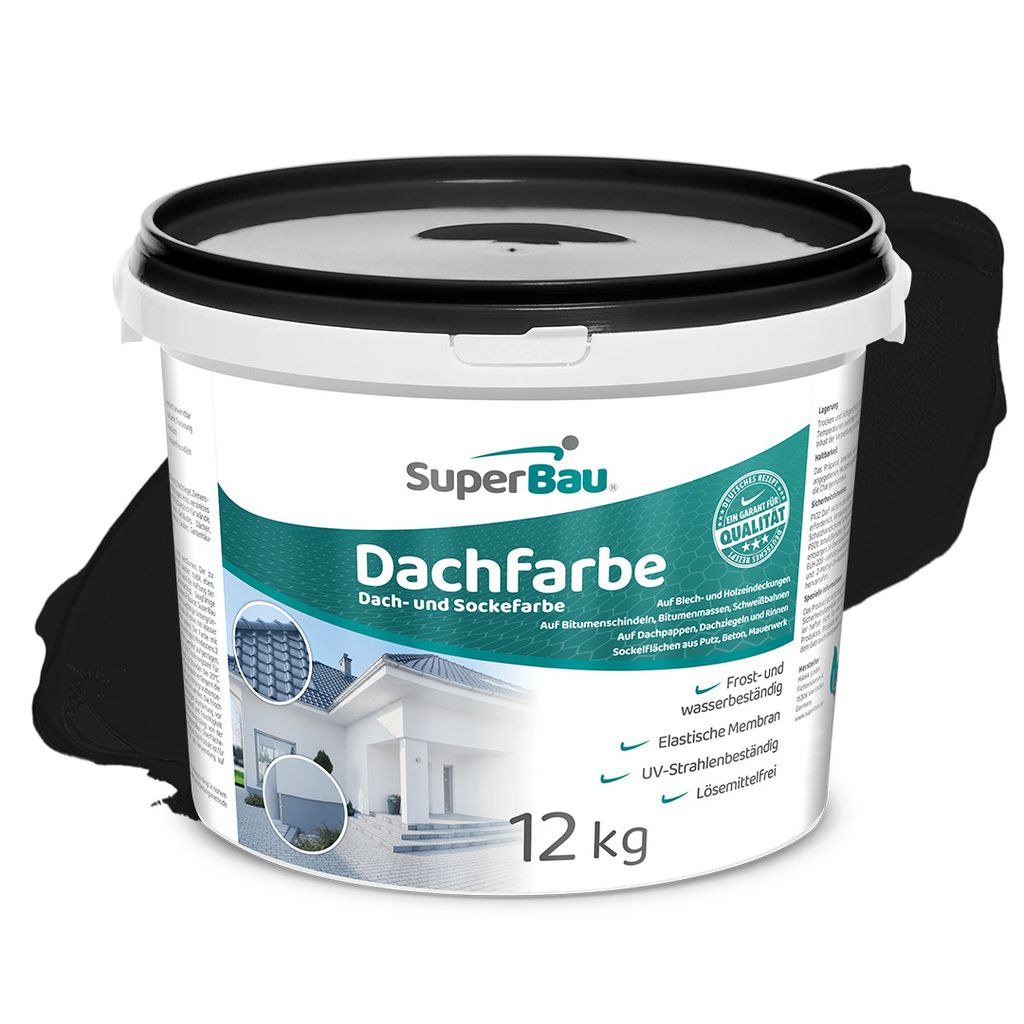 Superbau Dachfarbe Schwarz 12kg, Sockelfarbe WASSERDICHT, Fassadenfarbe für Außen, Dachbeschichtung für Blechdach, Bitumen, Dachpappe, Schindeln...