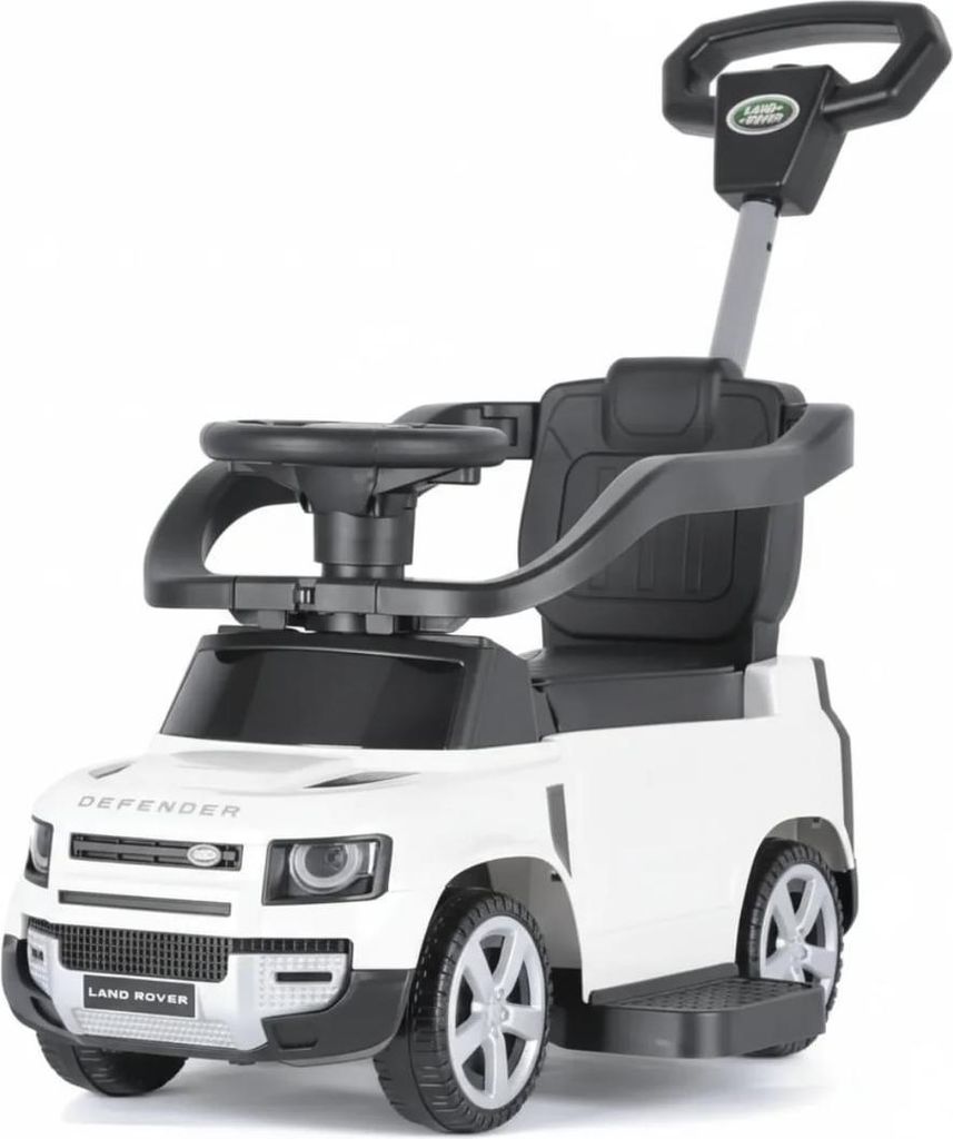 A white toy car with a push handle and steering wheel.