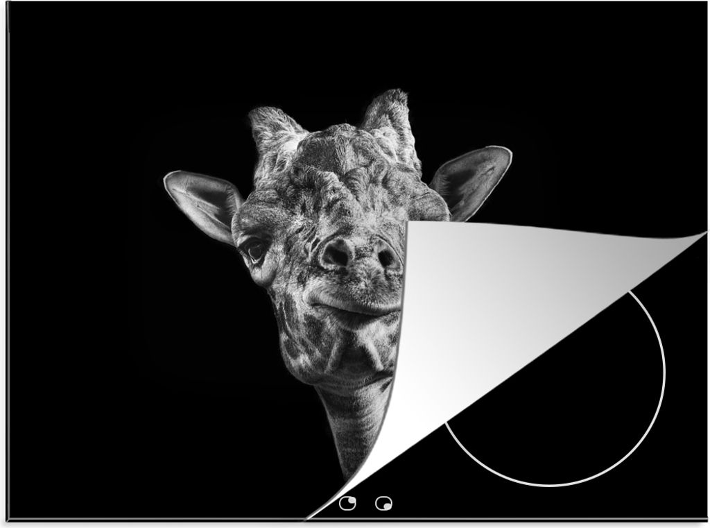 KitchenYeah Herdabdeckplatte Giraffe in schwarz-weiß auf schwarzem Hintergrund abgebildet , 77x59cm, Küche Deko, Glaskeramikkochfeld Herdabdeck...