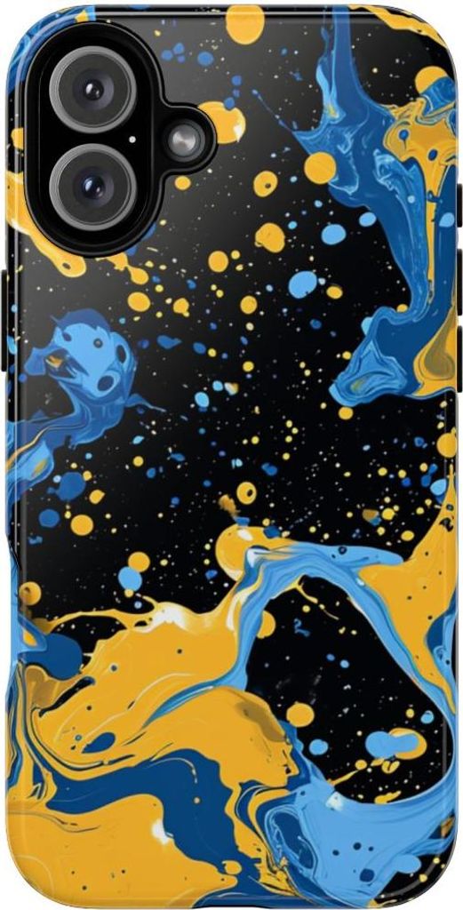 Blaue und gelbe Farbspritzer – Hülle Kompatibel mit iPhone 16 Plus