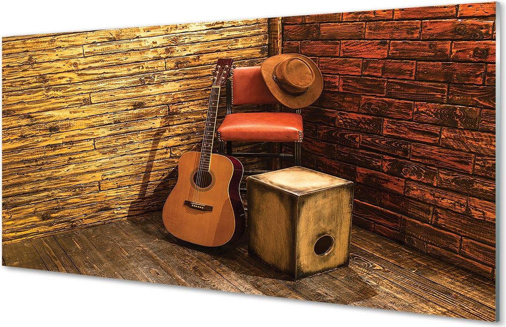 Glasbilder 120x60 Wandkunst Gitarre Hut Stuhl
