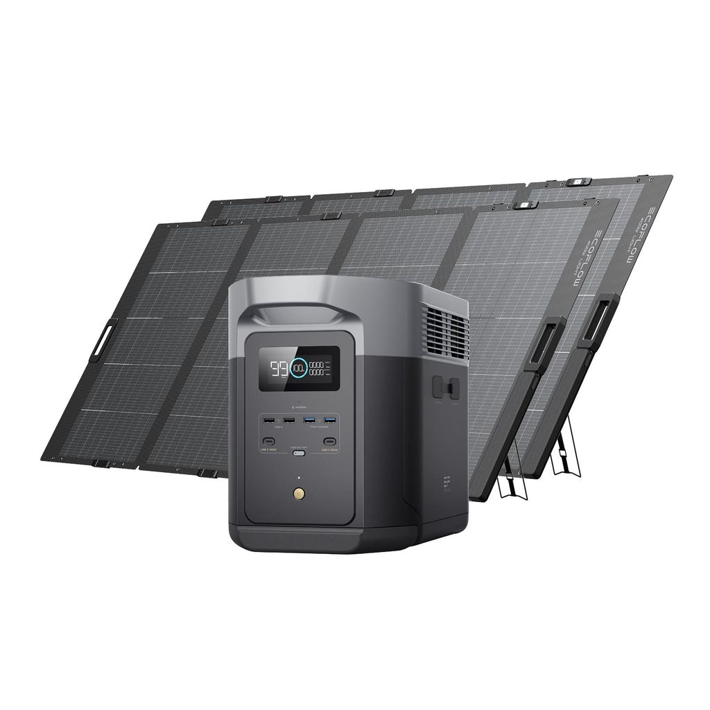 EcoFlow DELTA 2 Max tragbare Powerstation 2048Wh mit 2× 400W leichten Solarpanels, 3000W Max. Ausgangsleistung, bifaziales Design, Schnellladung