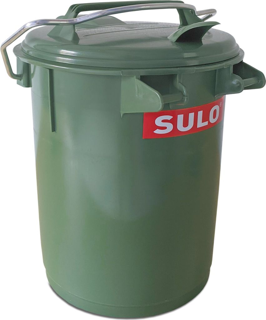 A green plastic trash can with a lid and handle, against a white background.