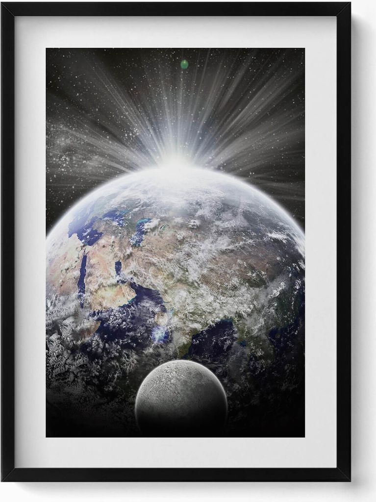 Blick auf die Erde und den Mond– Wandbild mit Rahmen – Gerahmtes Bild – Wanddekoration – 50x70 cm – Schwarz Rahmen