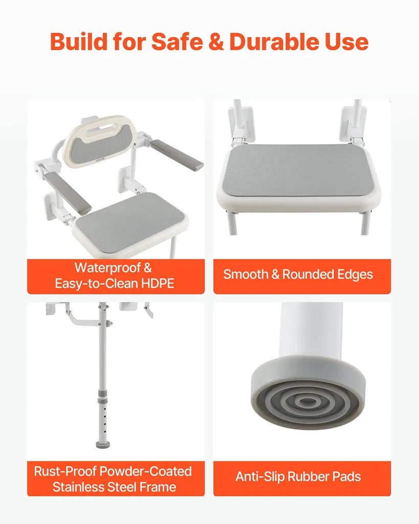 Chaise de douche murale 150kg, pieds ajustables et structure robuste