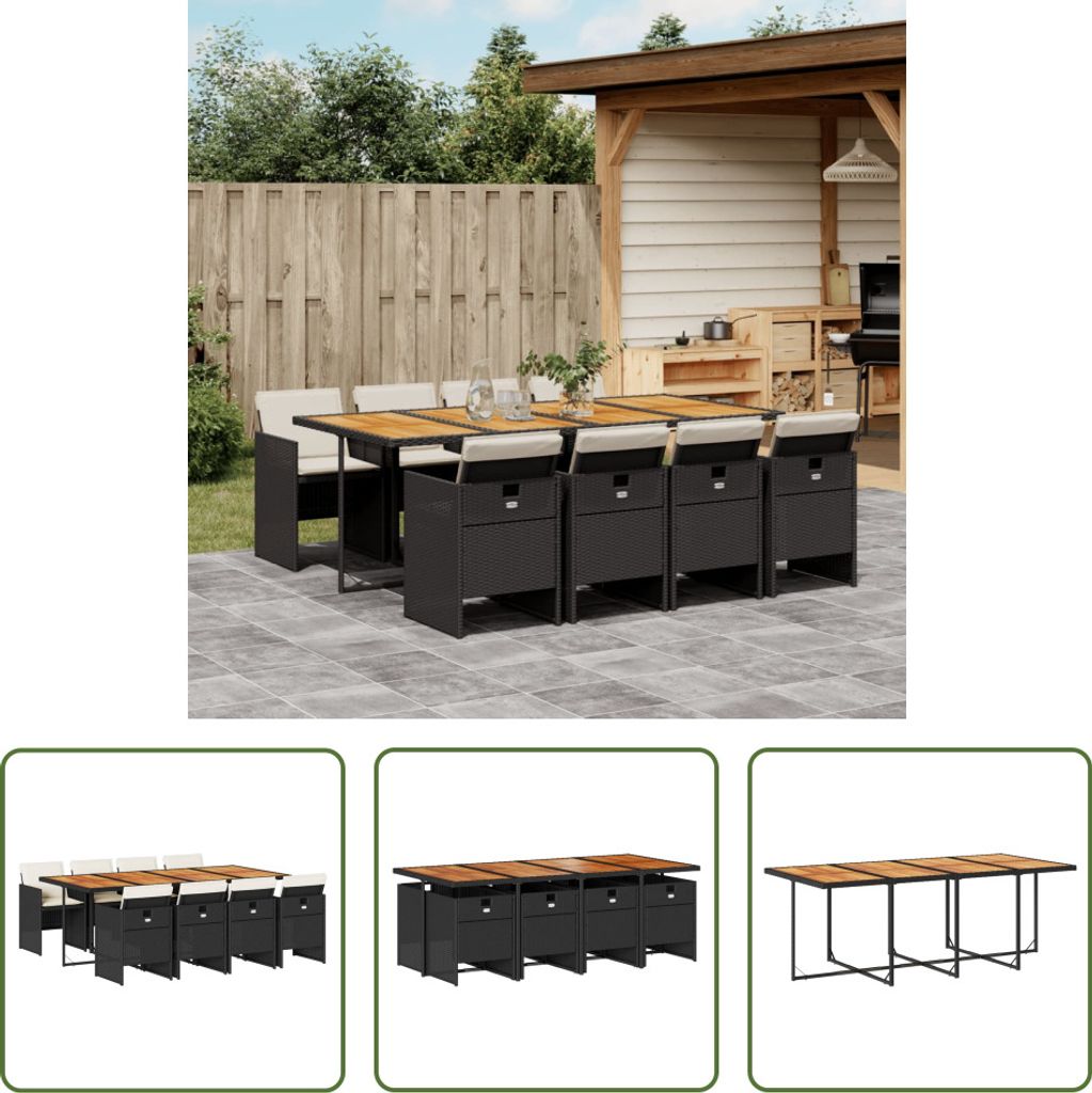 The Living Store 9-tlg. Garten-Essgruppe mit Kissen Schwarz Poly Rattan