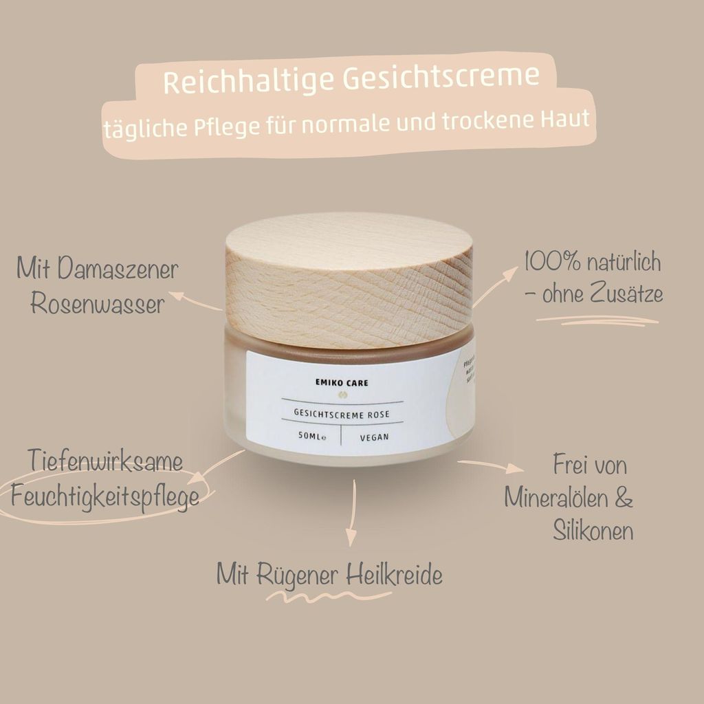 EMIKOCare Gesichtscreme Rose 50ml Pflegende Tag- und Nachtcreme mit Damaszener Rosenblütenwasser, EM-X Gold und EM-X Keramikkugel