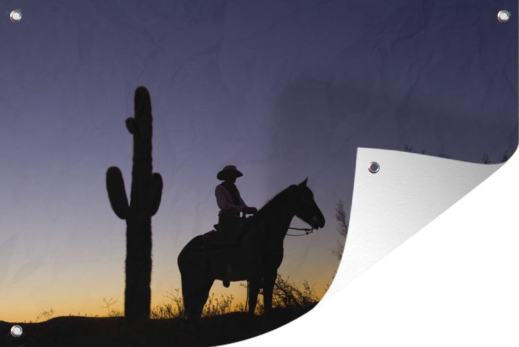 MuchoWow 90x60 cm Outdoor-Poster Gartendeko Sichtschutz Garten Poster für den Garten Silhouette eines Cowboys in der Nähe eines Kaktus bei Sonn...