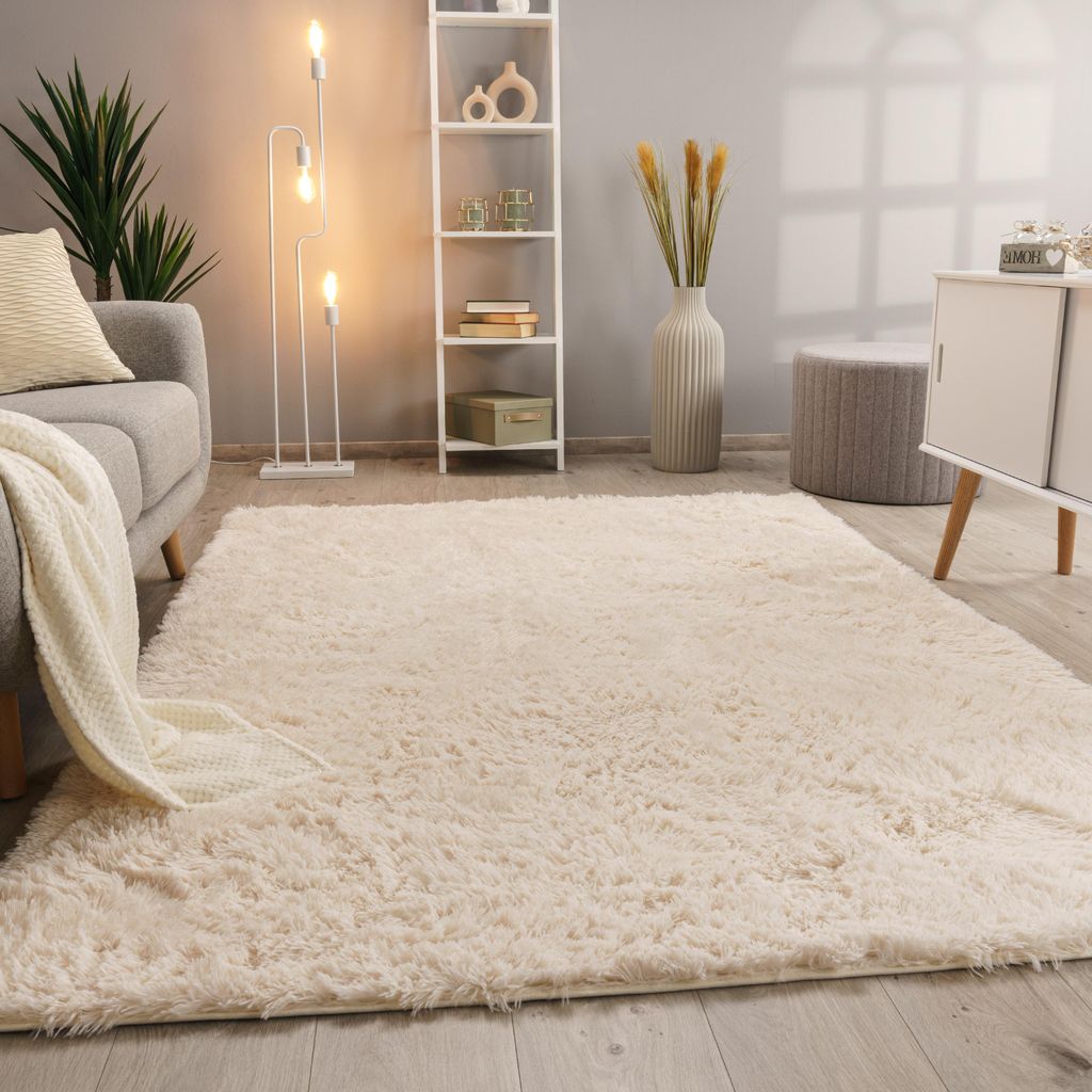 Hochflor Teppich Wohnzimmer Fellteppich Kunstfell Shaggy Flauschig Beige Creme Grösse 80x150 cm