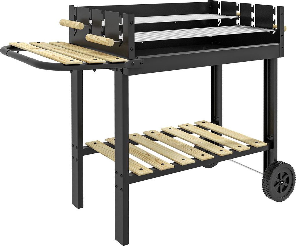 Kohlegrill, Grillwagen, 2 Grillflächen, 2 Räder, Griffe, Ablagen, Metall, Kiefernholz, 113 x 53,5 x 82,5 cm, Schwarz, verstellbar