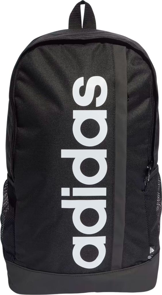 A black Adidas rucksack is shown against a white background.