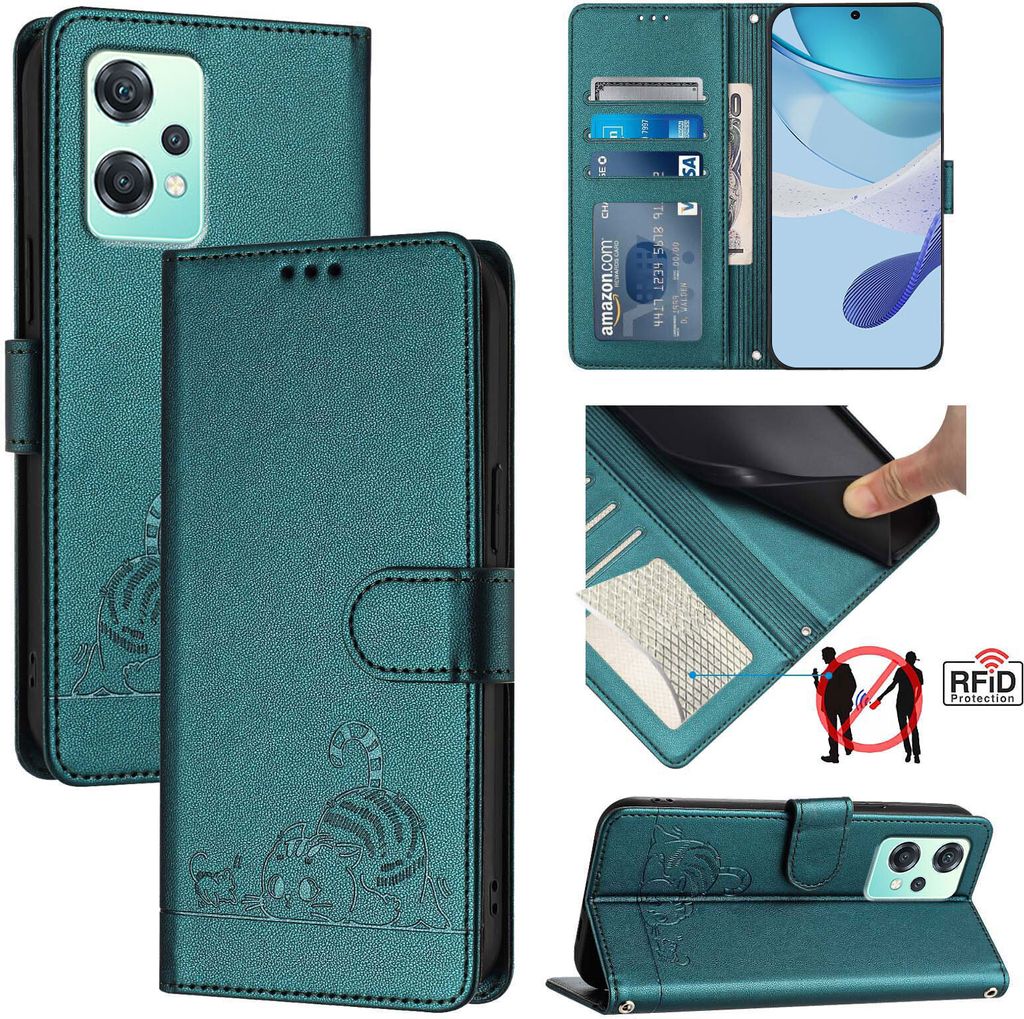 Leder Hülle für OnePlus Nord CE 2 Lite/Nord 2 Lite/Realme 9 5G/9 Pro Süße Katze Flip Case Brieftasche Schutzhülle mit Standfunktion Grün