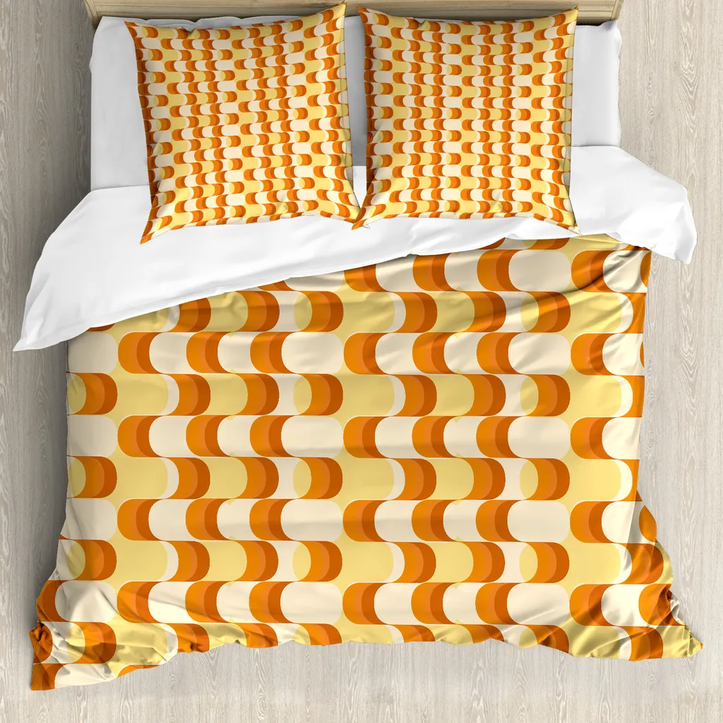 ABAKUHAUS Copripiumino retrò, motivo a onde Half Moon, antiacaro, adatto a chi soffre di allergie, con federe, 200 cm x 200 cm - 80 x 80 cm, arancione giallo polvere