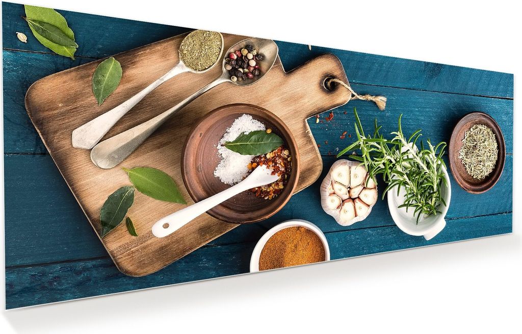 Glasbild Wandbild Gewürze auf Holztisch 125x50cm in XXL für Wohnzimmer, Schlafzimmer, Badezimmer, Flur