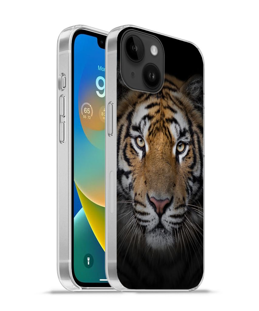 MuchoWow Handyhülle Schutzhülle Hülle für Apple iPhone 14 - Softcase Tiger - Wildtiere - Porträt - Schwarz - Tiere Silikon Softcase Handy H...