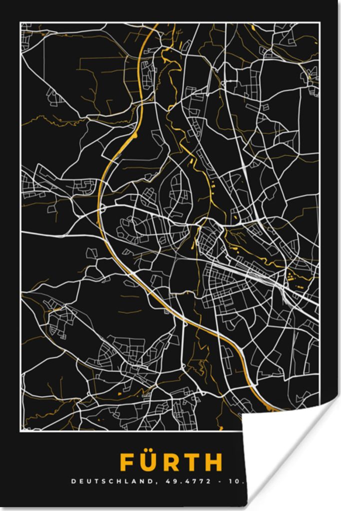 MuchoWow Poster Schwarz und Gold - Stadtplan - Fürth - Deutschland - Karte 120x180 cm - Kunstposter