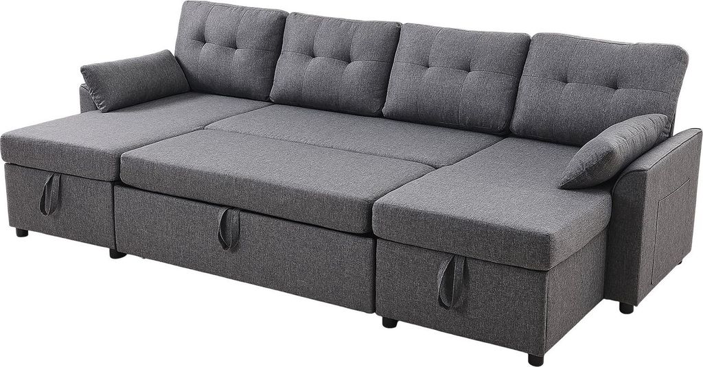 SucceBuy U-förmiges Schlafsofa, wandelbares Bettsofa mit Seitentaschen, Kissen und Doppel-Chaiselongue, Ausziehcouch für 6 Personen mit großzüg...