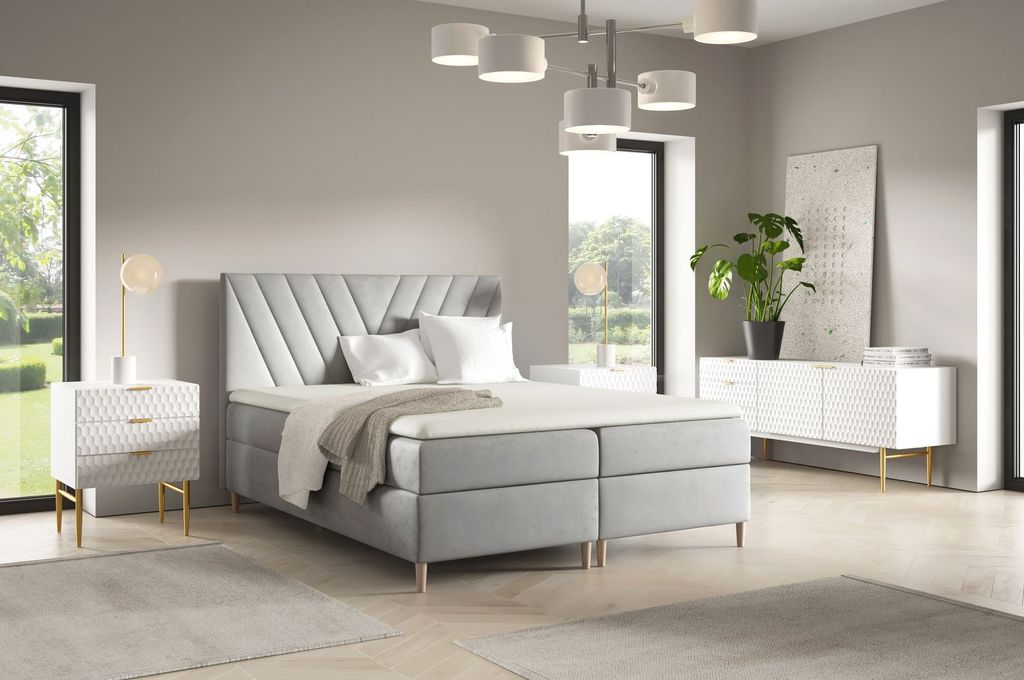 Kontinentales Bett 200x200 ANAMARI - Hellgrau + GRATIS Matratzenauflage