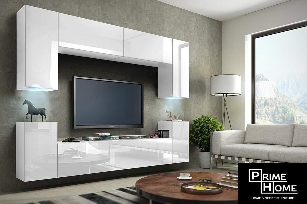 Furnitech Wohnwand Wohnzimmer - Wohnzimmer Möbel mit LED Blau - Hängend Wohnwand Modern - Wohnzimmer Schrankwand(Future C1/HG/W/2 1B)