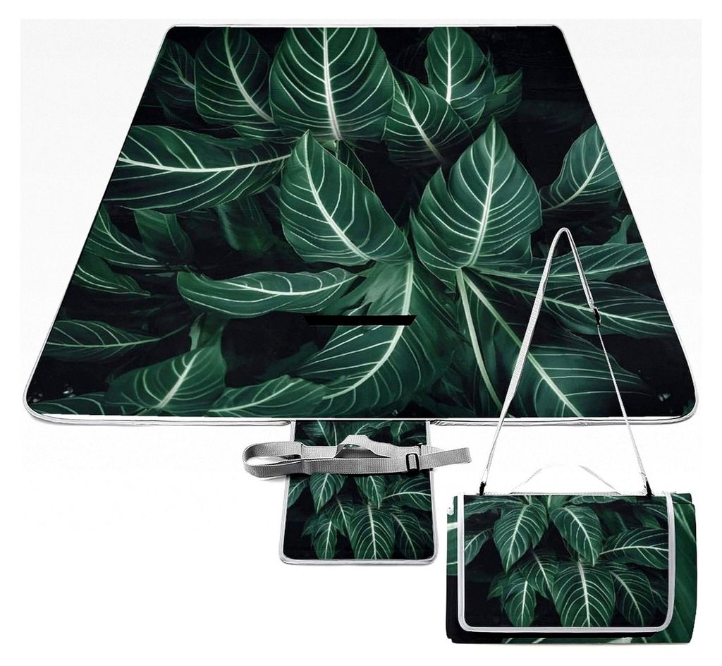 Picknickdecke mit grünen langen Blättern, faltbar und kompakt, für Strand, Camping, Park und Reisen, 58,3 x 58,3 cm