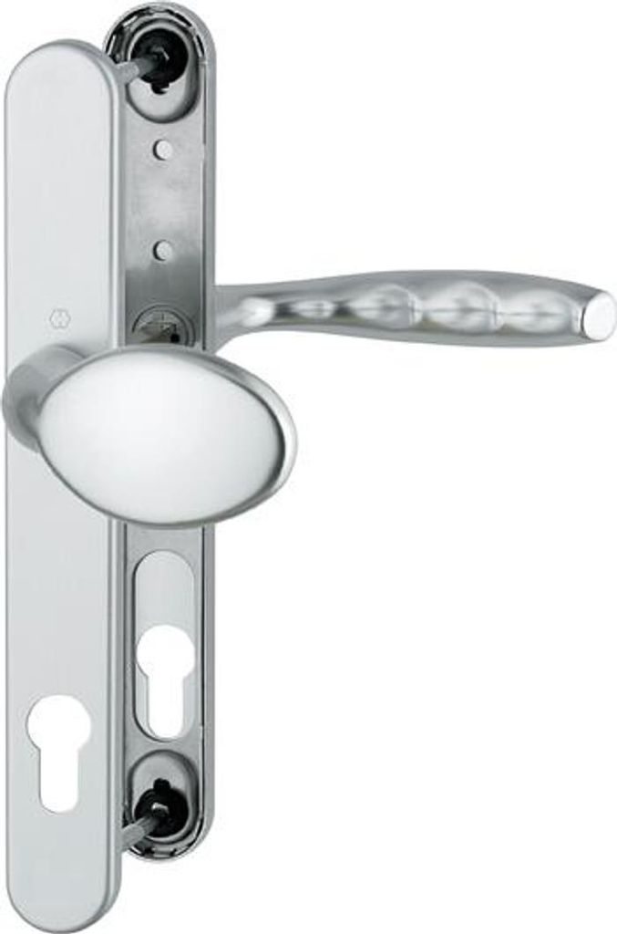 A close-up studio shot of a silver door handle set with two keyholes.