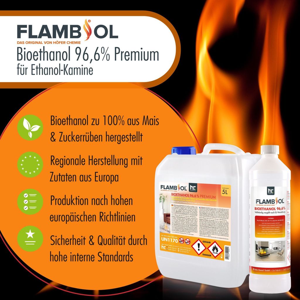 3x 10 L FLAMBIOL® Bioethanol 96,6% Premium für Ethanolkamin Produktbild 7