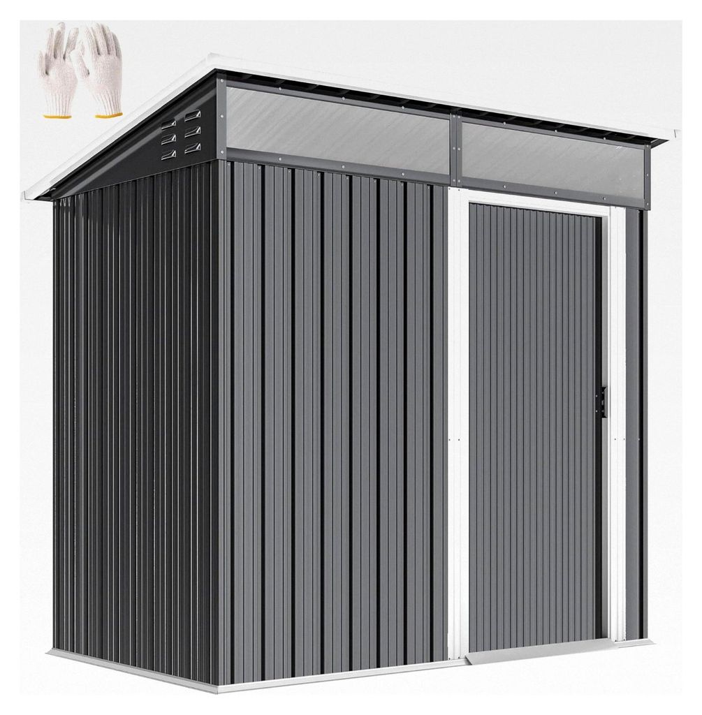 Metall Gerätehaus 1,9m² 195x122x182cm mit Fundament, Pultdach, Fenster, Schiebetür, Haken, Handschuhe, wetterfest, Gartenhaus für den Außenber...