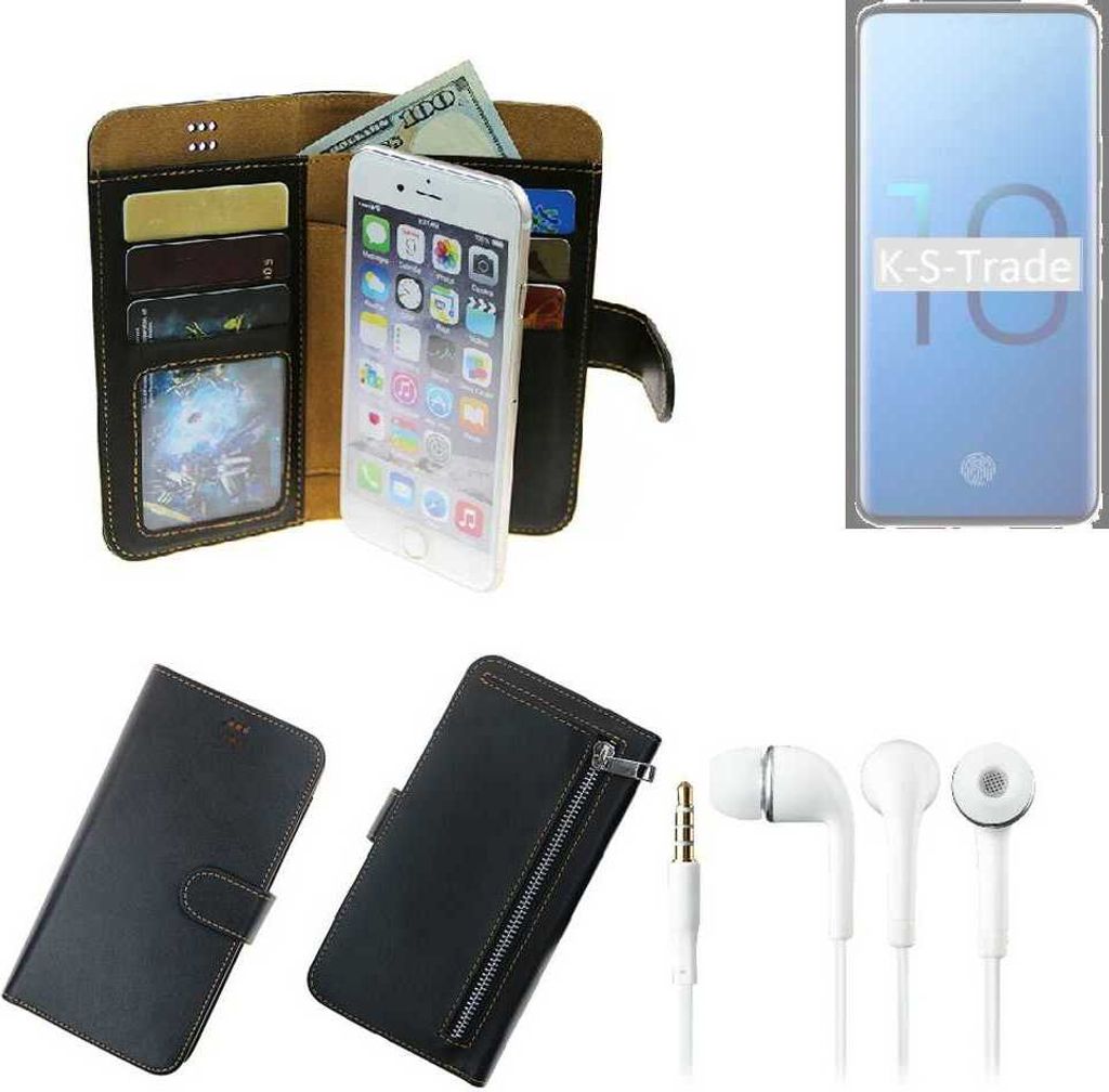 TOP SET Handy Hülle Schutz Hülle kompatibel mit Samsung Galaxy S10+ schwarz aus Kunstleder + Kopfhörer Smartphone Tasche vollwertige Geldbörse