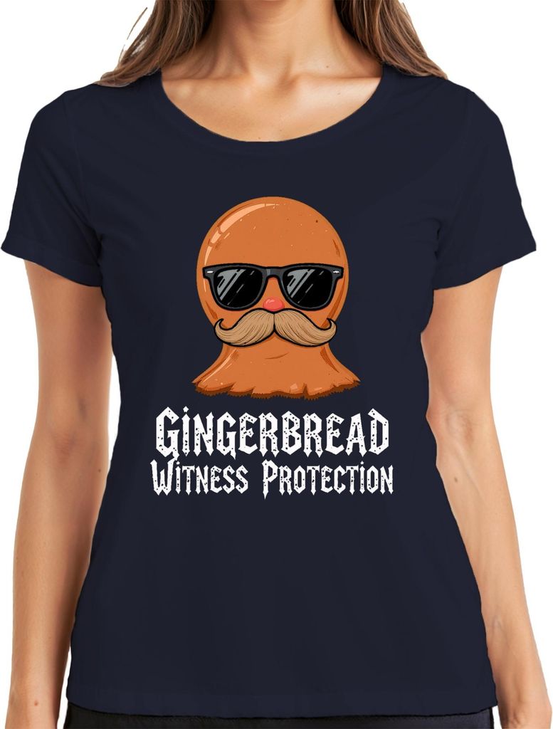Gingerbread Witness Protection lustig Schnurrbart Sonnenbrille Damen T-Shirt, Navy, XL
