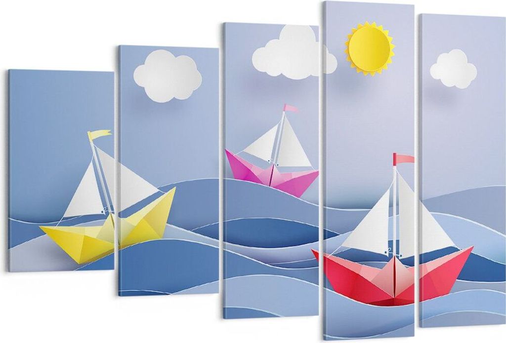 Bild auf Leinwand - Leinwandbild - Origami boot meer himmel - 150x100cm - Wand Bild - Wanddeko - Leinwanddruck - Bilder - Kunstdruck - Wanddekorati...