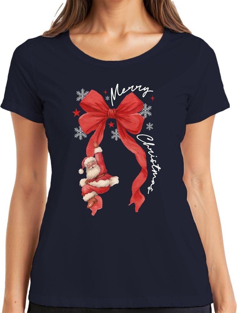 Merry Christmas Weihnachtsmann rote Schleife Schneeflocken Damen T-Shirt, Navy, XXL