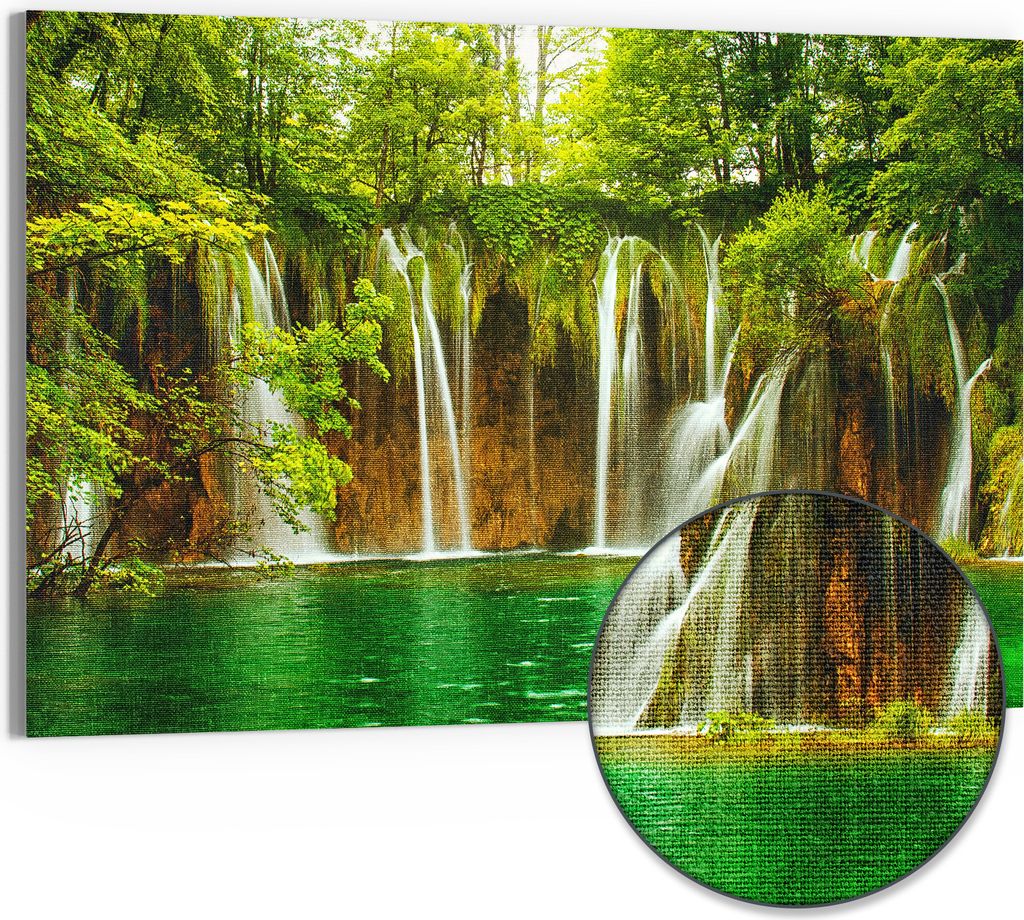 DEQORI Hybrid Leinwand Bild 90x60 cm 'Grüner Wasserfall' Wandbild Glas flach modern