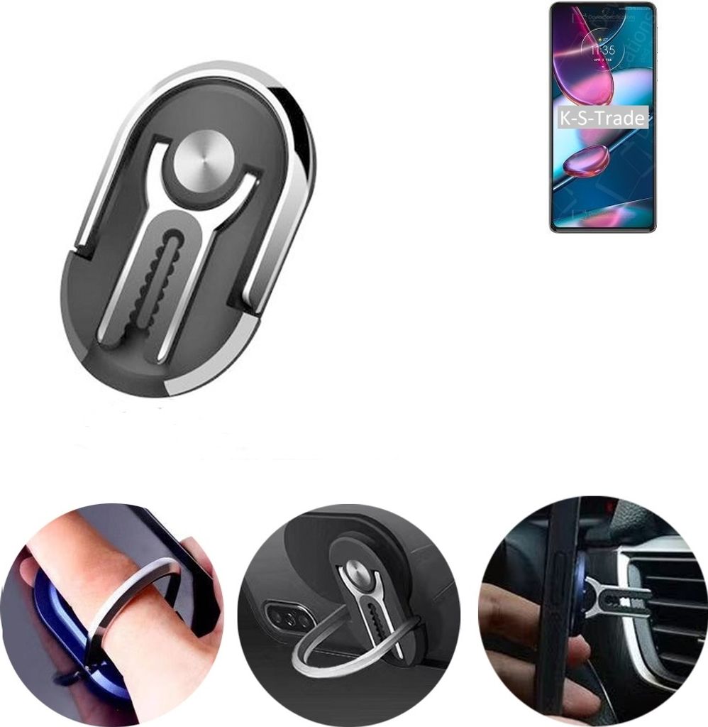 K-S-Trade 3in1 Smartphone-Ring Handy-Ring kompatibel mit Motorola Edge Plus 2022 Fingerhalterung Handyring Tischständer Lüftungsgitter-Halterung
