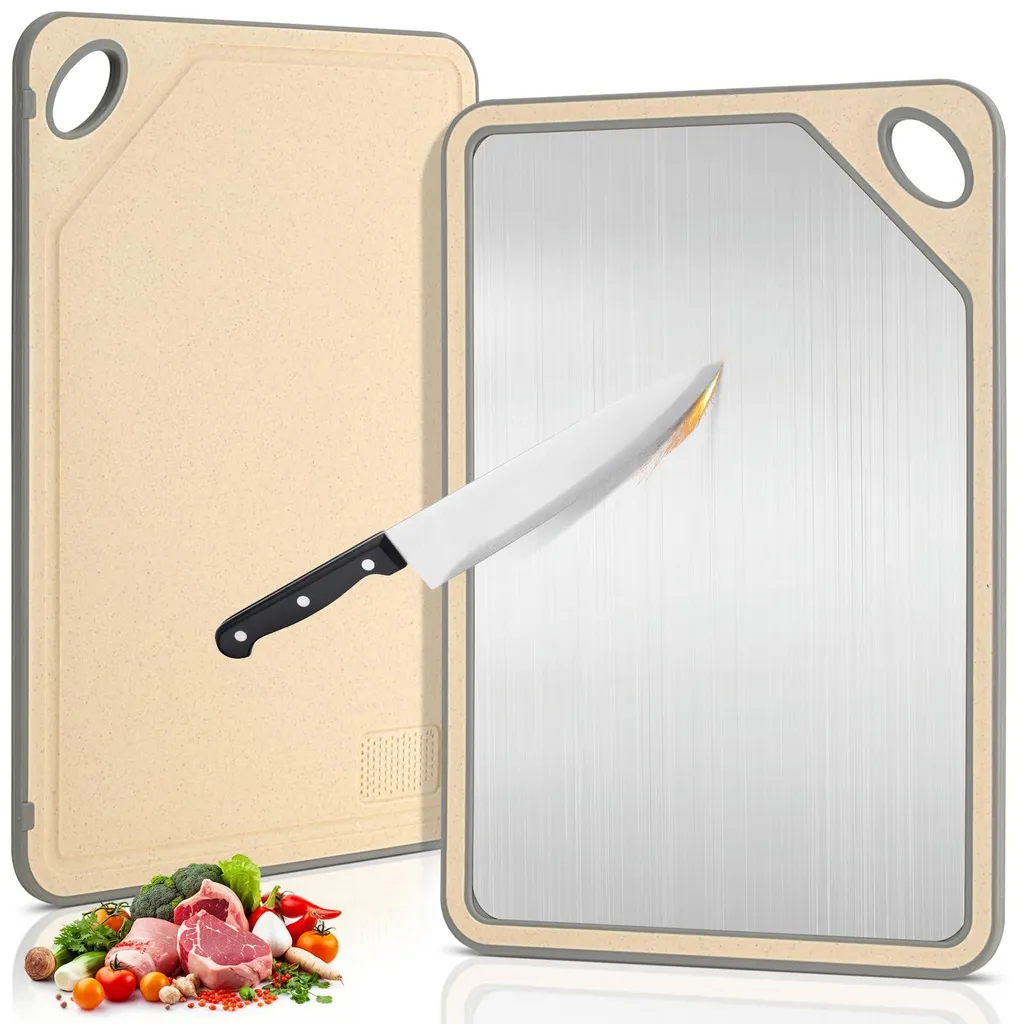 Planche à découper double face inox et blé, lavable au lave-vaisselle