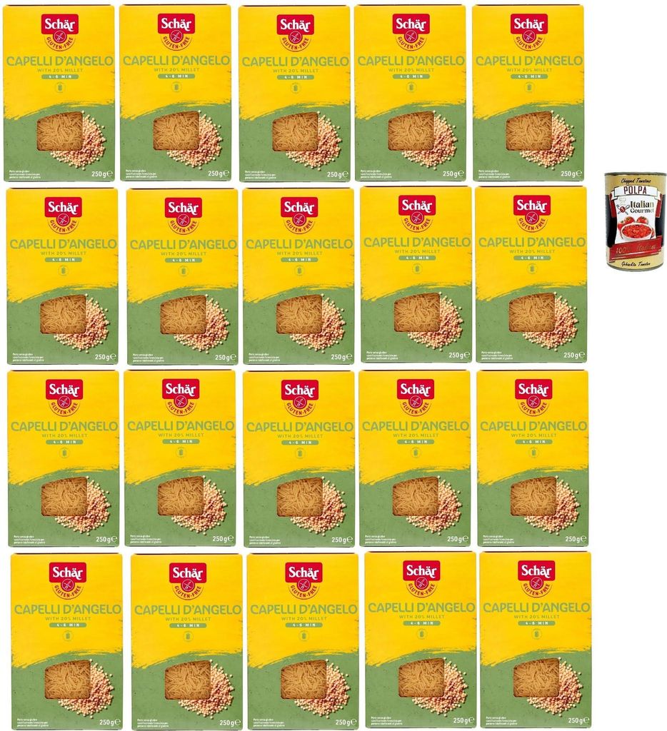 SCHÄR Senza Glutine Capelli d'angelo, Glutenfrei Pasta mit 20% Hirse, gluten free pasta, 20x 250g + Italian Gourmet polpa 400g