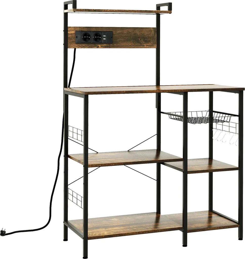Étagère de cuisine micro-ondes avec prises électriques et rangements bois