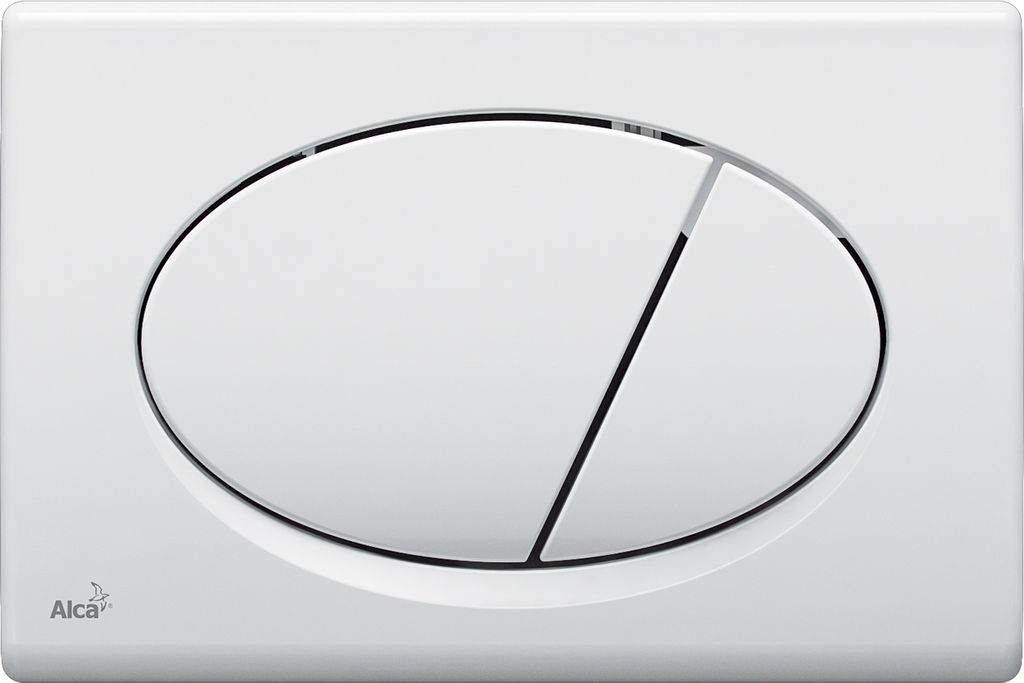 A white toilet flush plate with two oval buttons, divided by a black line.