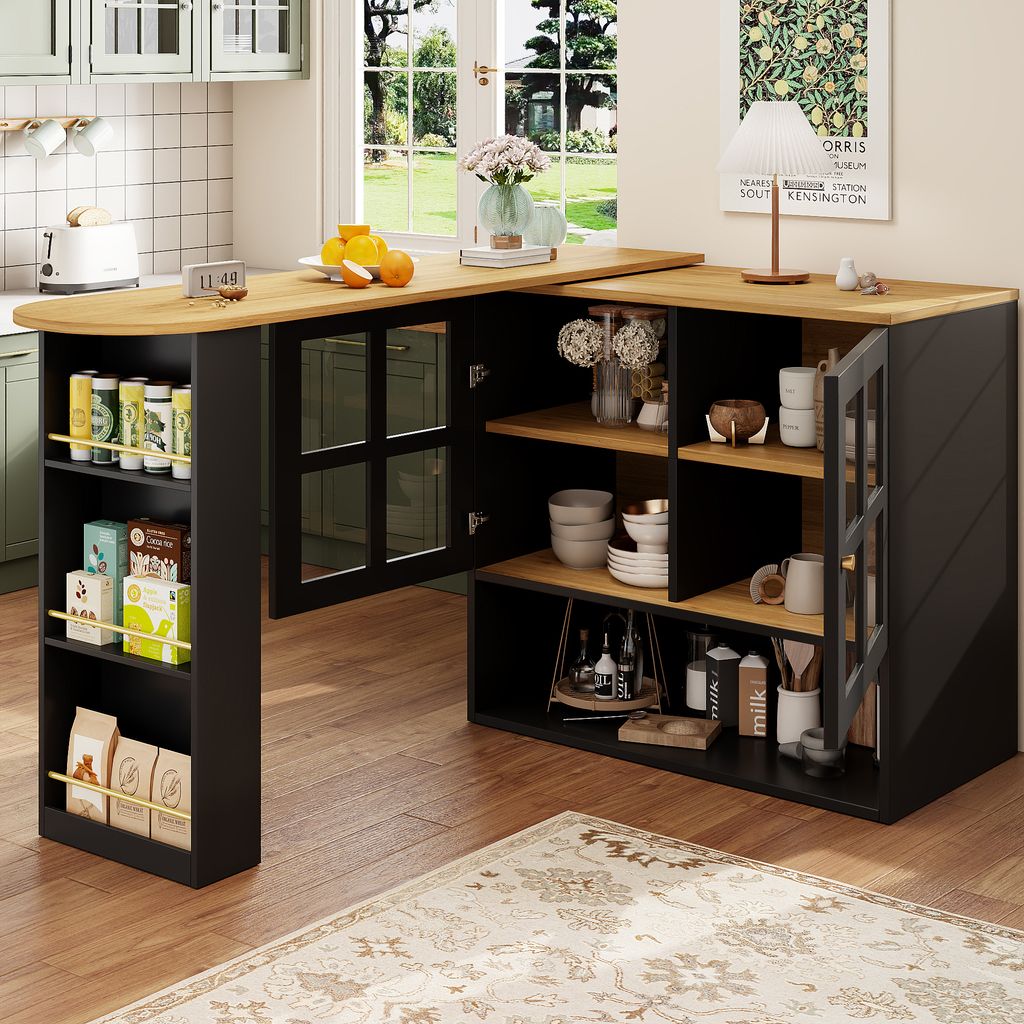 A modern kitchen with a multifunctional bar table and sideboard.