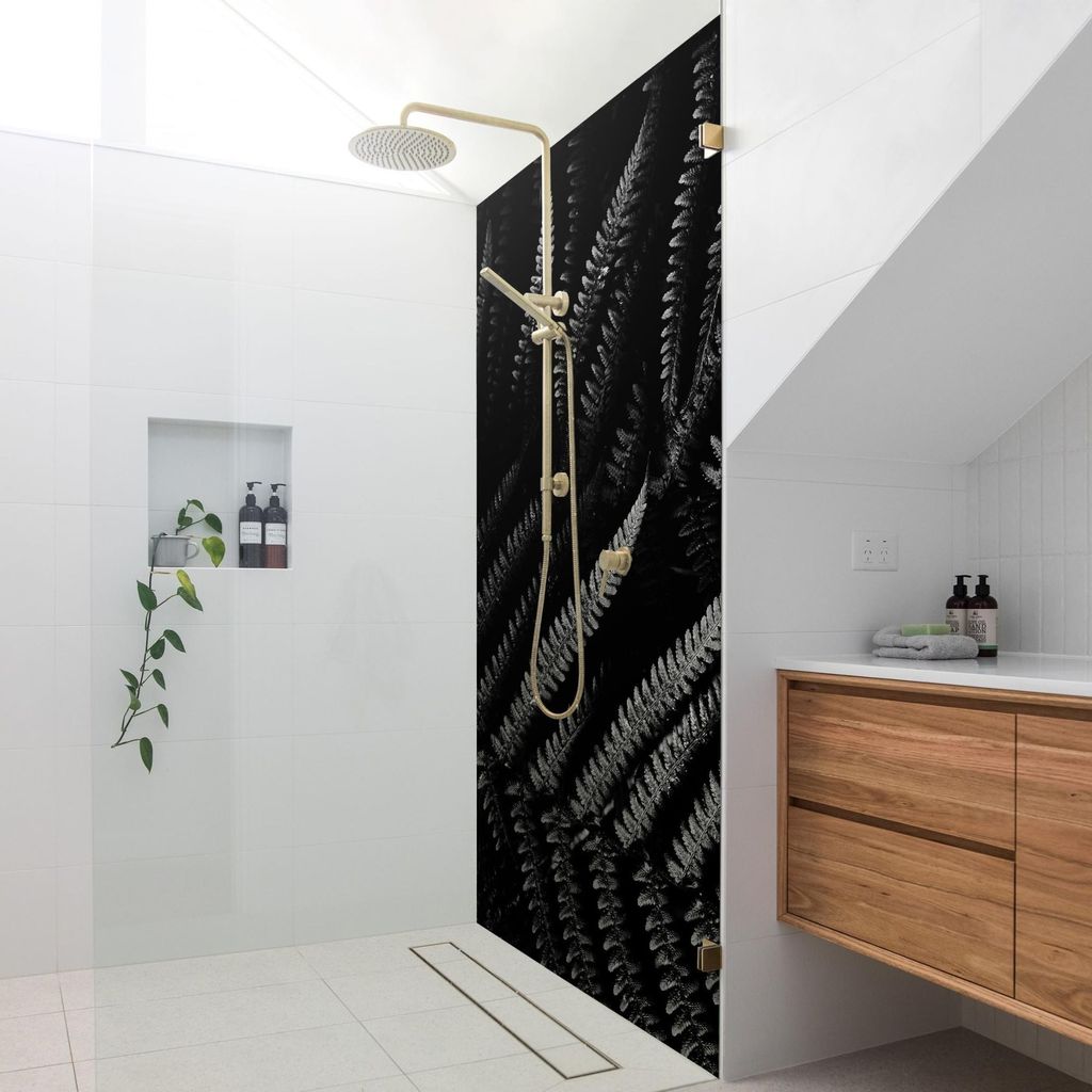 Duschrückwand mit Motiv selbstklebend - 0.35 mm Wandpaneel wasserfest Pflanzen schwarz weiss Tropisch Badrückwand fugenlos Smart matt 100x210 cm