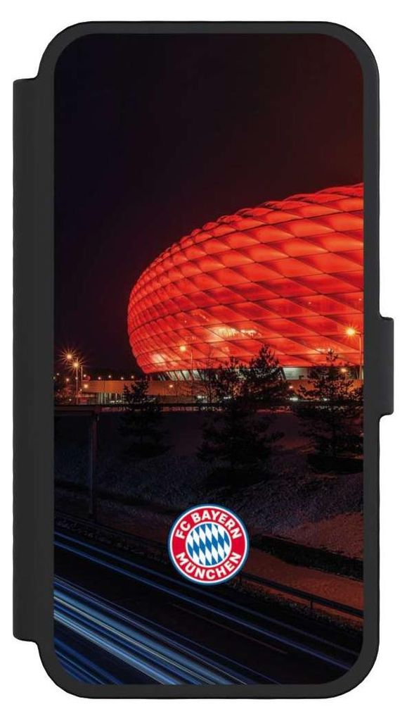 NIVOCASE Klapphülle für Apple iPhone 16 Pro Handyhülle aus Kunst Leder NIVOflip schwarz FC Bayern München FCB Stadion