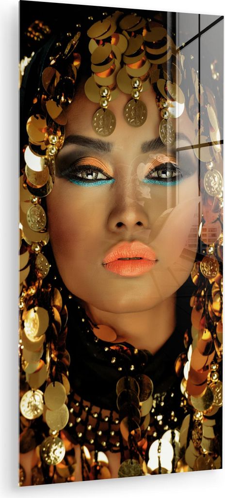 MuchoWow Glasbilder - Bilder auf Wandbild - Foto auf Glas Frau - Kleopatra - Gold - Schmuck - Make-up - Luxus 40x80 cm Wanddekoration aus Glas - Ac...