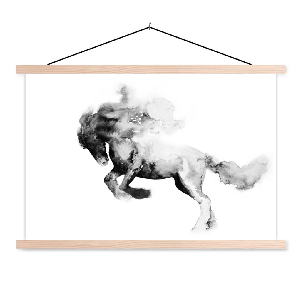 MuchoWow Textilposter Gemälde - Pferd - Tiere - Ölfarbe - Schwarz - Weiß 120x80 cm mit holzfarbenen Rahmen - Aufhängeset