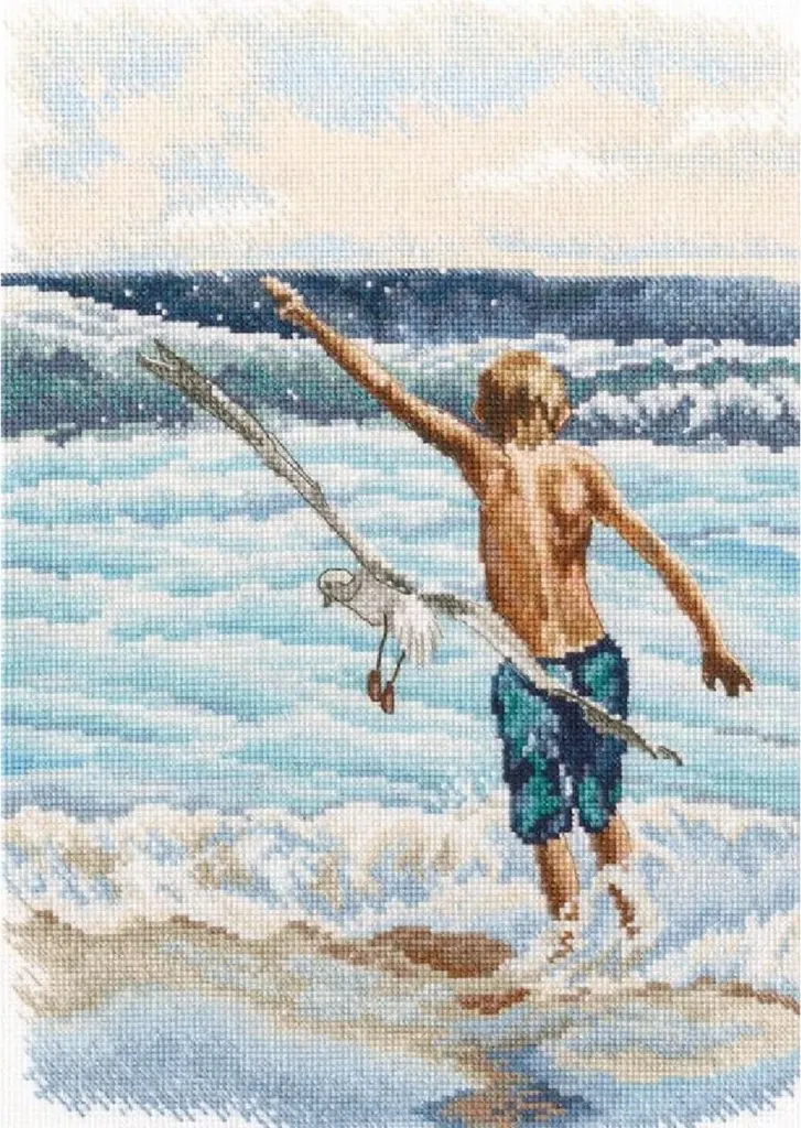 Canevas à Broder Point de Croix Compté Garçon au Bord de la Mer RTO