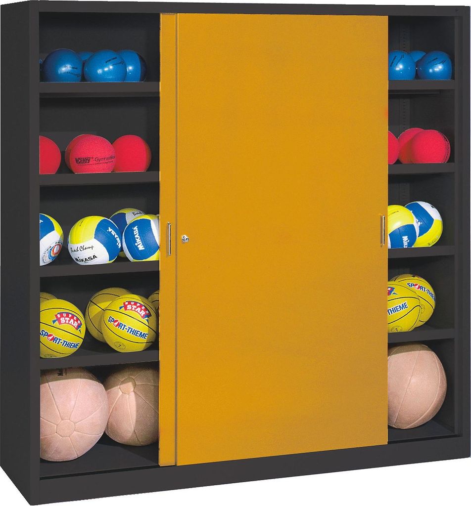 C+P Ballschrank mit Vollblech-Schiebetüren (Typ 4), HxBxT 195x190x60 cm, Goldgelb (RAL 1004), Anthrazit (RAL 7021), Gleichschließung