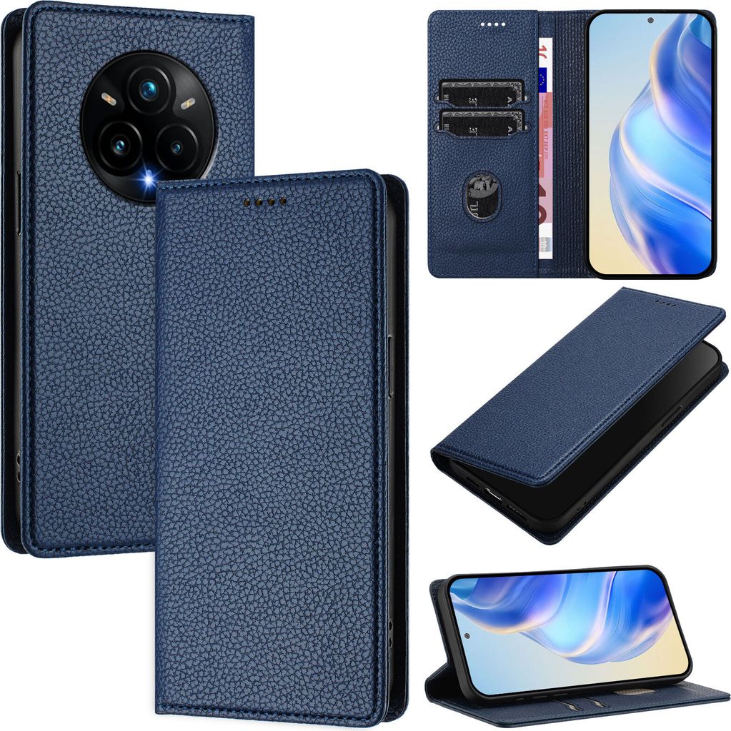 Litchi Leder Handyhülle für Realme 14 Pro+ Wallet Kartenfächer Standfunktion Hülle Blau