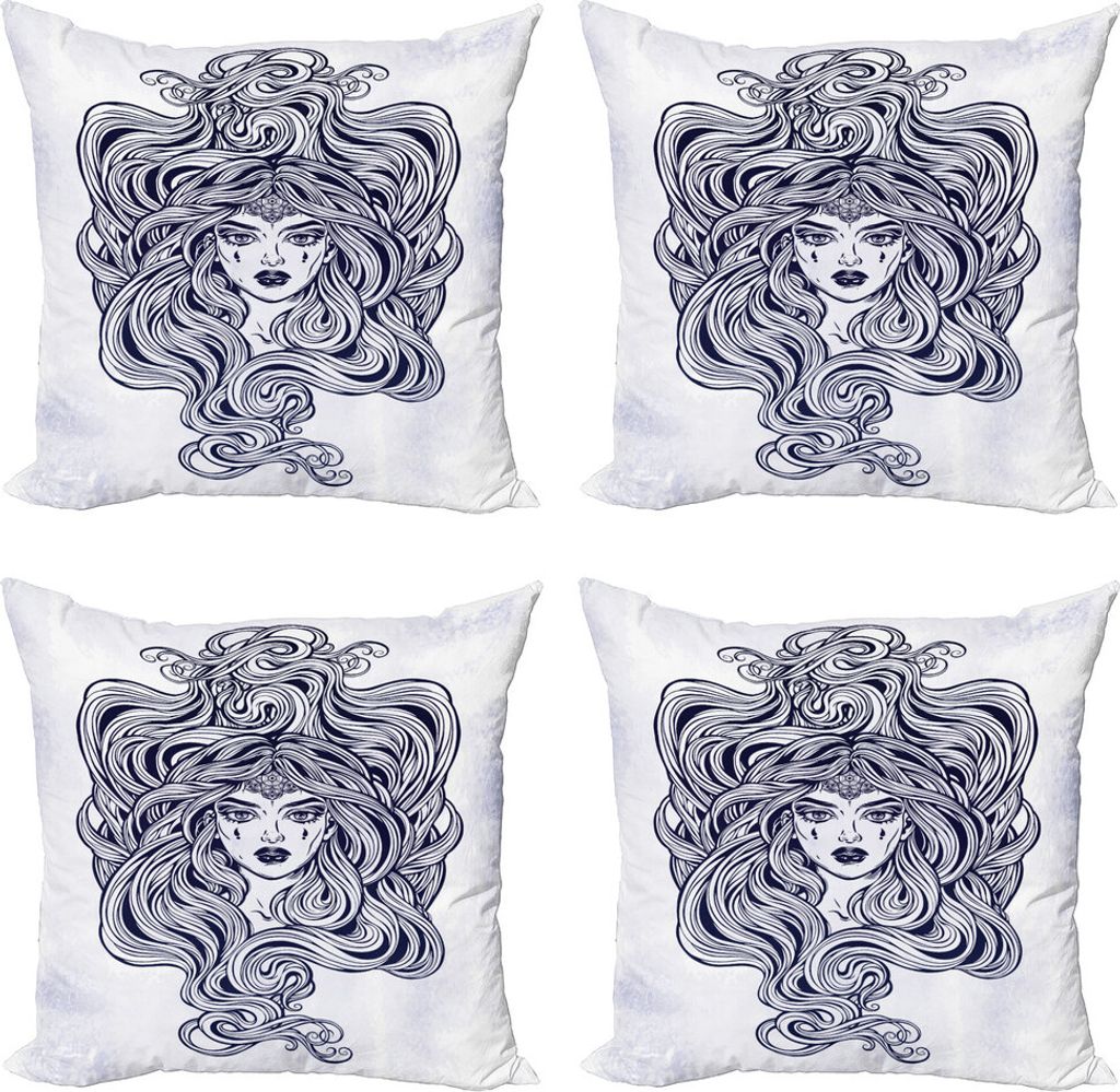 ABAKUHAUS Friseur Kissenbezug Set (4 Stück), Art Nouveau Medusa Mädchen, Moderner Doppelseitiger Digitaldruck, 40 cm x 40 cm, Marineblau Hellgrau