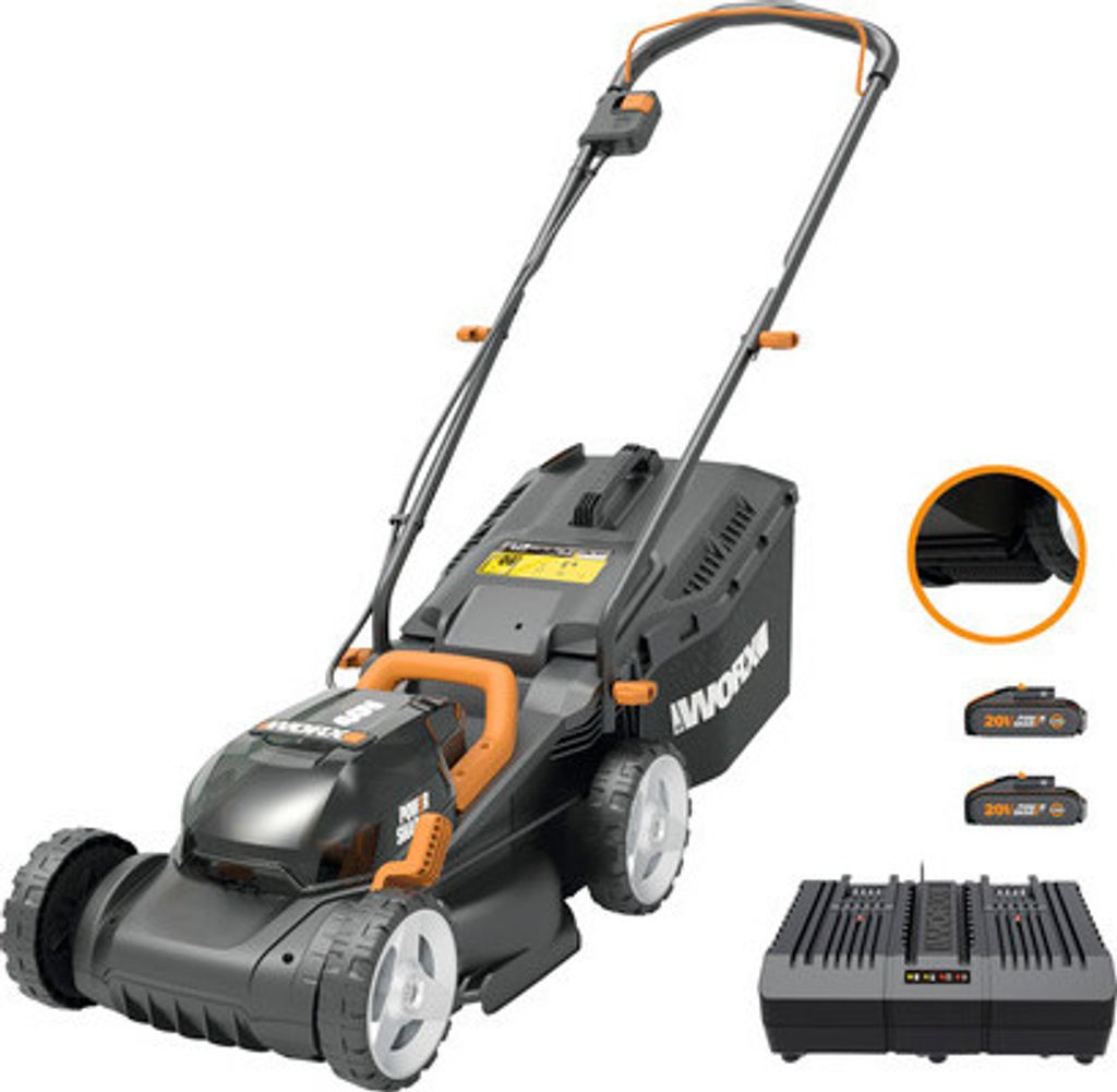 A black and orange electric lawnmower is shown with accessories including batteries and a charger.