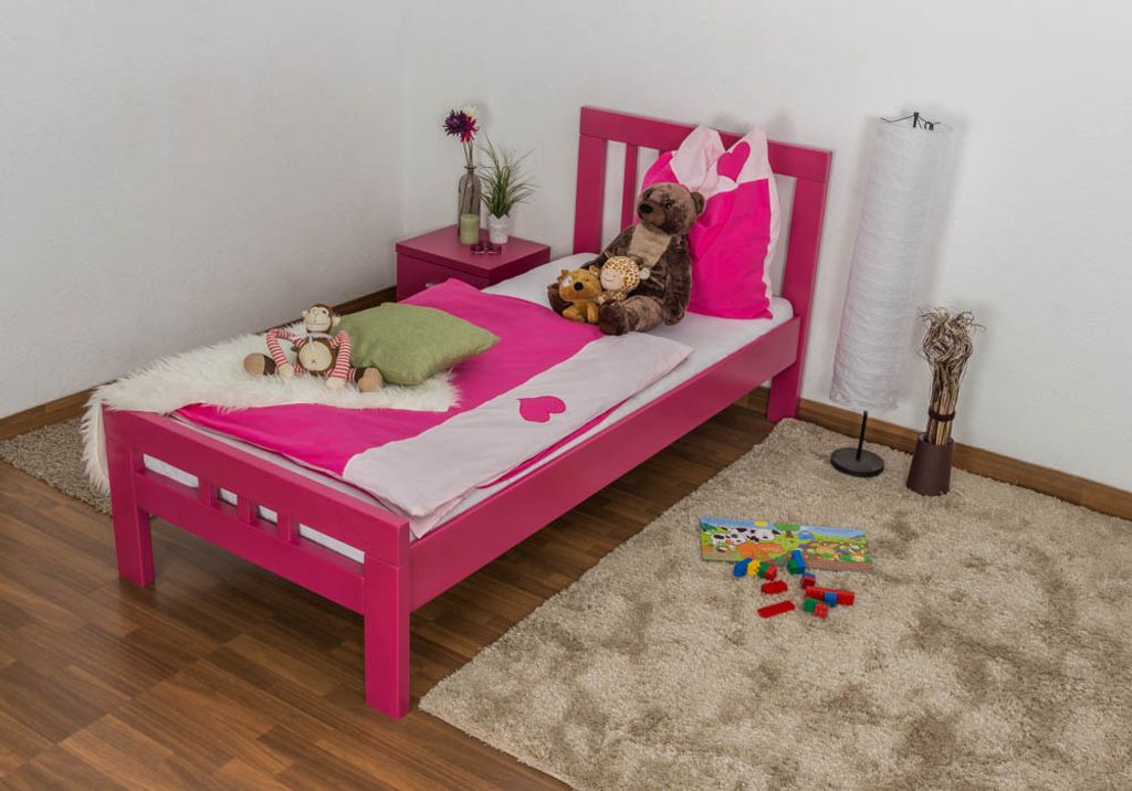 Kinderbett / Jugendbett "Easy Premium Line" K8, Buche Vollholz massiv rosa lackiert - Liegefläche: 90 x 190 cm
