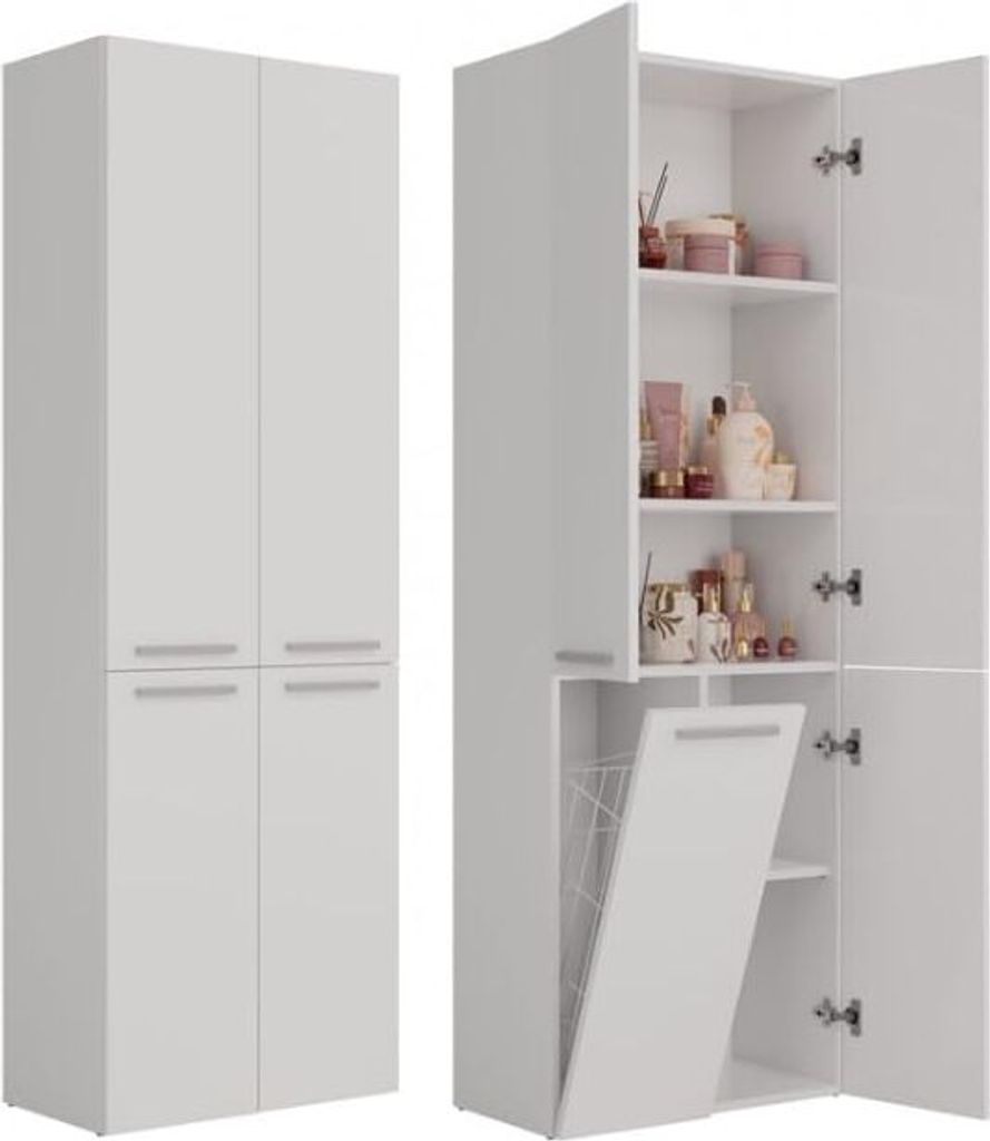 A white bathroom cabinet with a laundry basket compartment is shown from two angles.