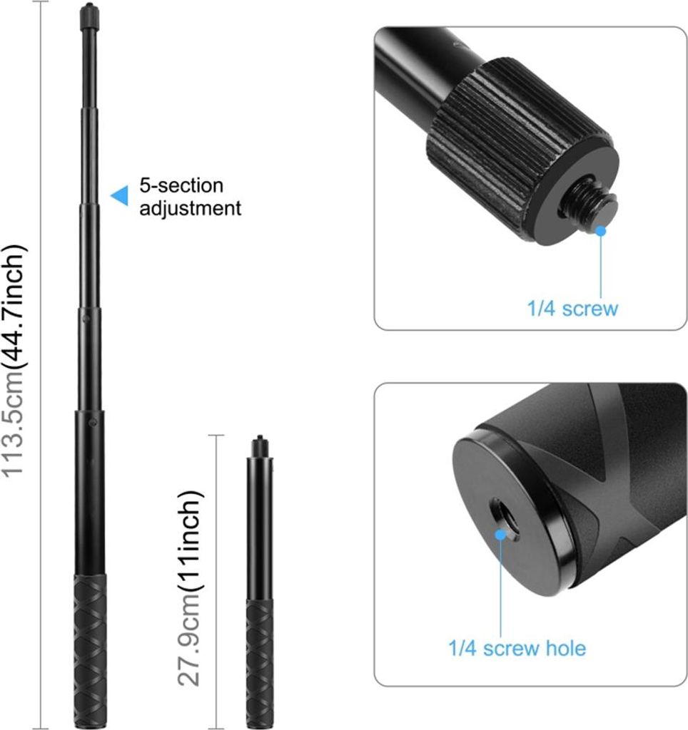 Puluz PU817 Motorradfahrrad-Selfie-Stick-Lenkermontage-Kamera-Halterung 27,9 cm-113.5 cm einstellbare Länge mit 1/4 Zoll Schraube und Sportadapter...